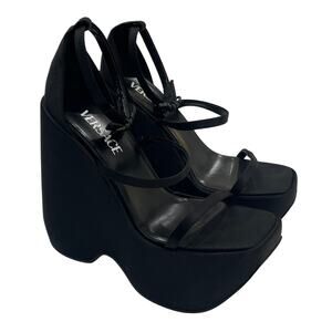 S5 VERSACE $1,500 Platform Wedge Heels Satin 3-Strap Medusa Buckle IT37.5/US7.5